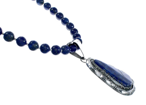 Navajo Sterling Silver And Lapis Bead Pendant Necklace Set X10689